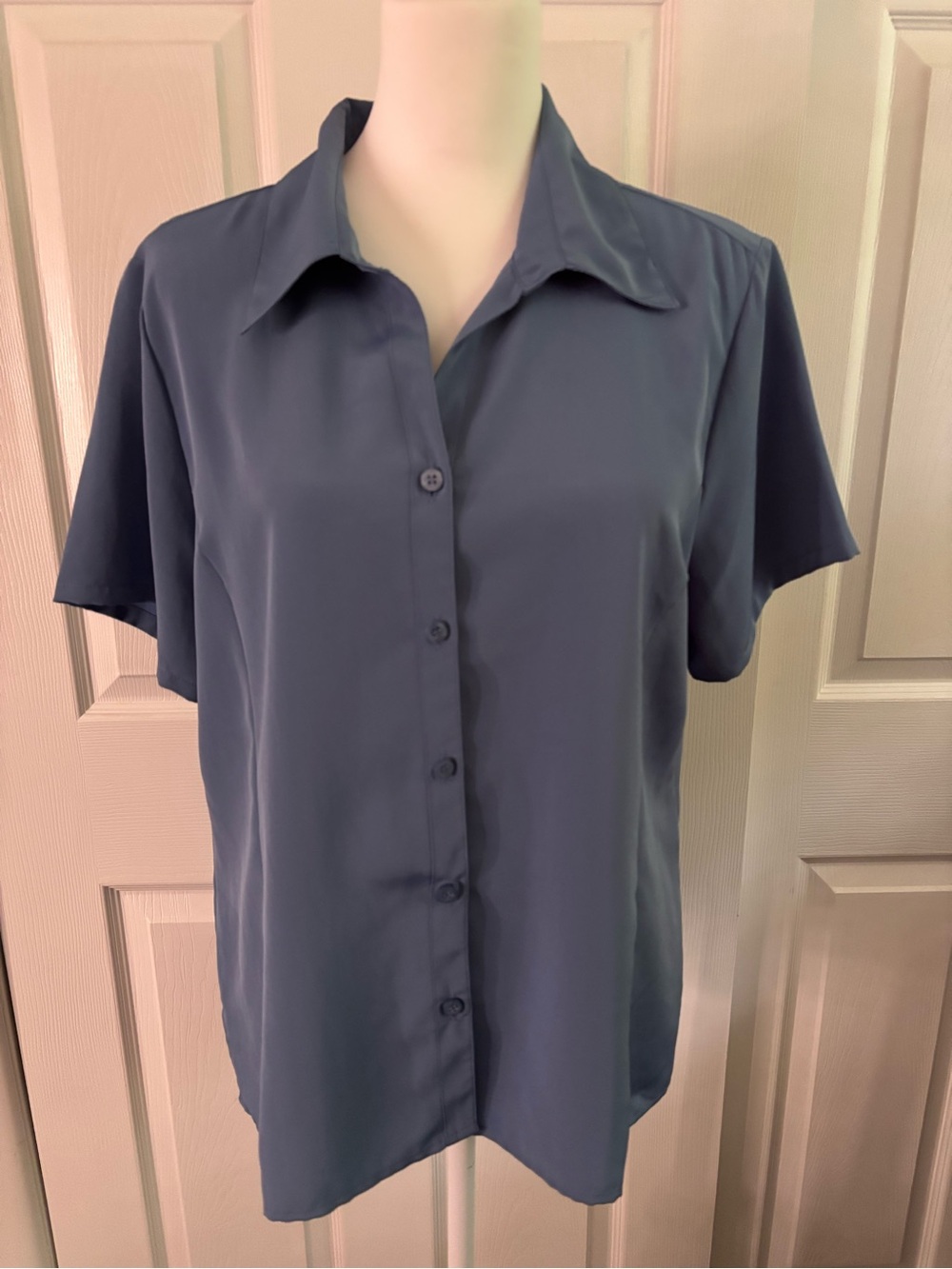 Notations Womens Blue Solid Collared Short Sleeve Button-Up Blouse Size L